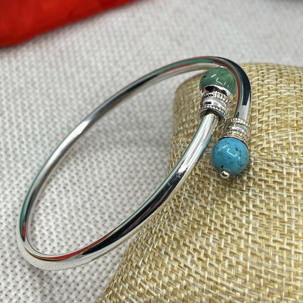 Vintage 925 Sterling Silver Front-Open Torque Bracelet - Turquoise - Picture 14 of 17
